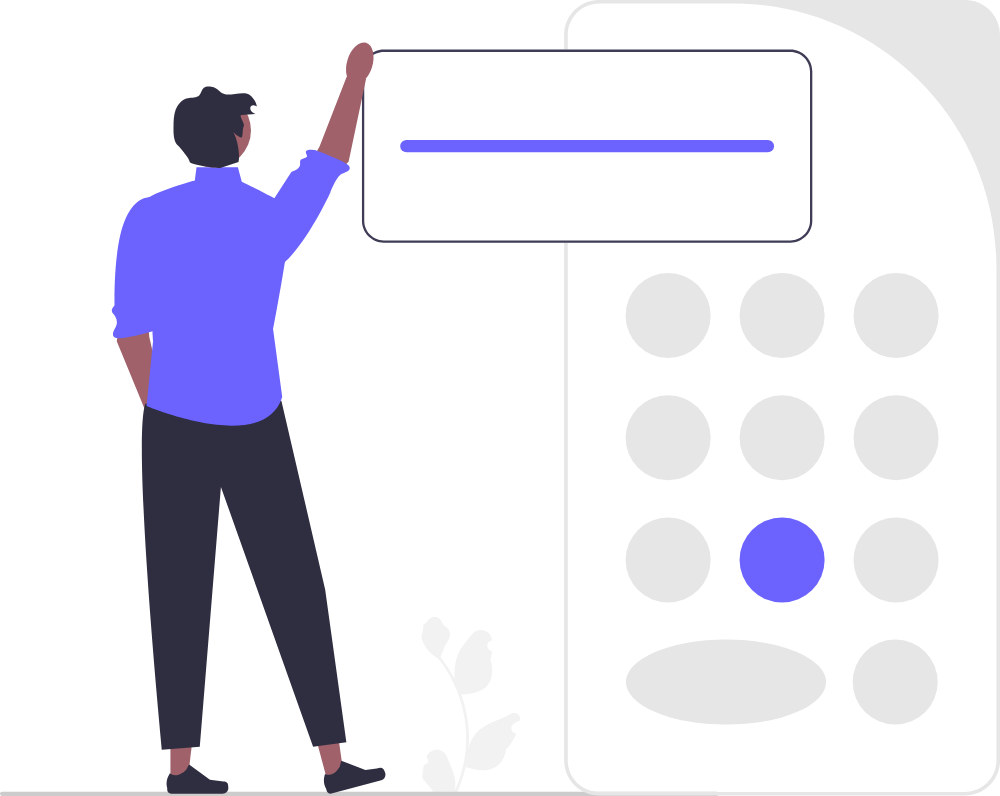 A person beside a large calculator.