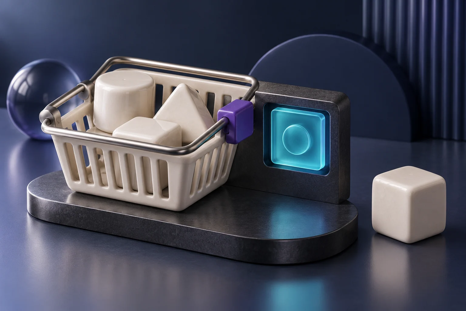 A basket of products sits beside a confirmed-state block and a limiter, with an additional product remaining outside.