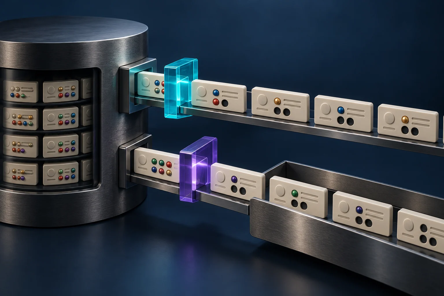 Records leave storage through two separate filters that conceal selected elements.