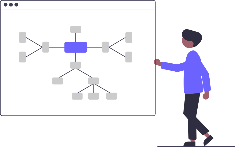 A person beside a branching diagram in an interface window.