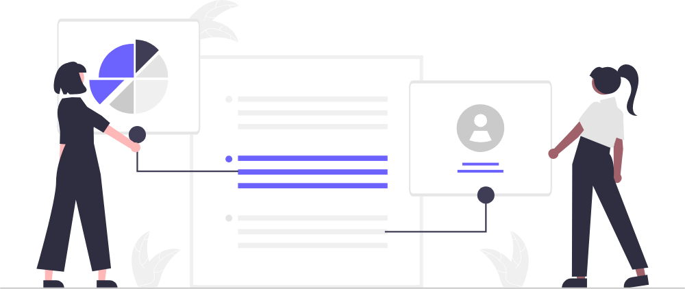 Two people beside a survey, a chart and a profile card.