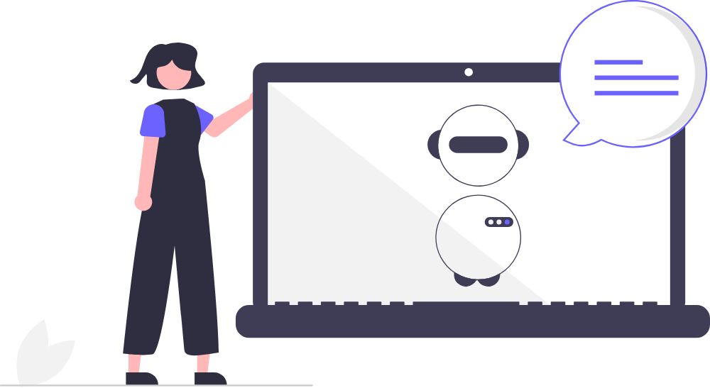 A person beside a laptop, a robot and a speech bubble.