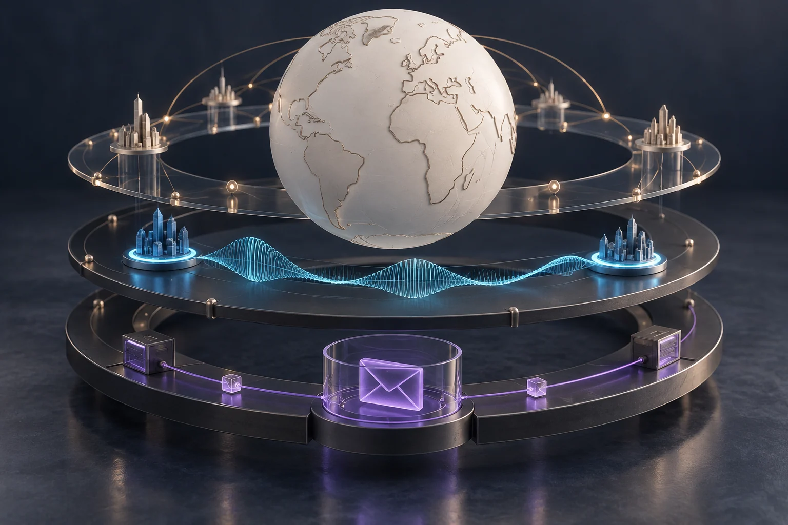 Separate communication layers surround a globe, with an audio waveform and a message inside a bounded processing area.