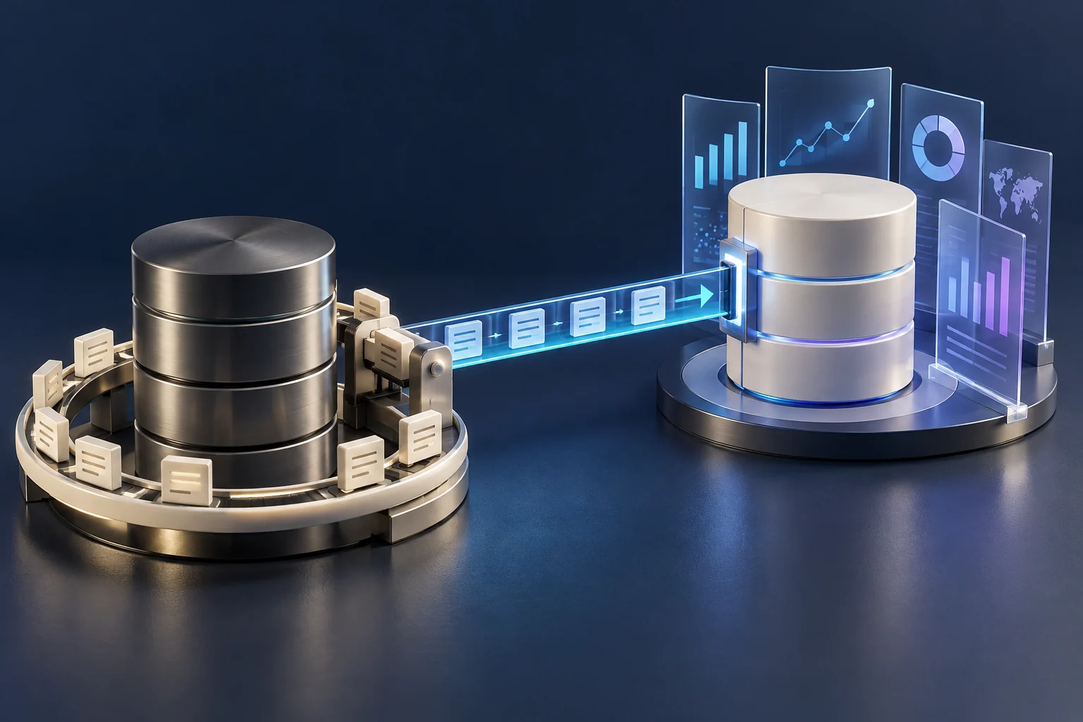 An operational database is connected by a copying bridge to separate analytical storage.