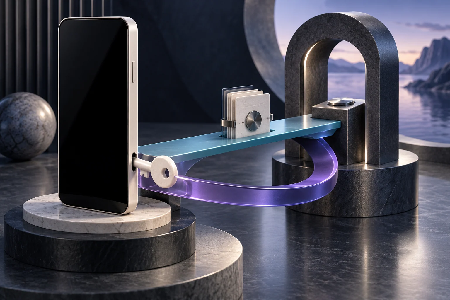 A phone connects to a separate payment platform through two bridges, with an access key returning to the device.