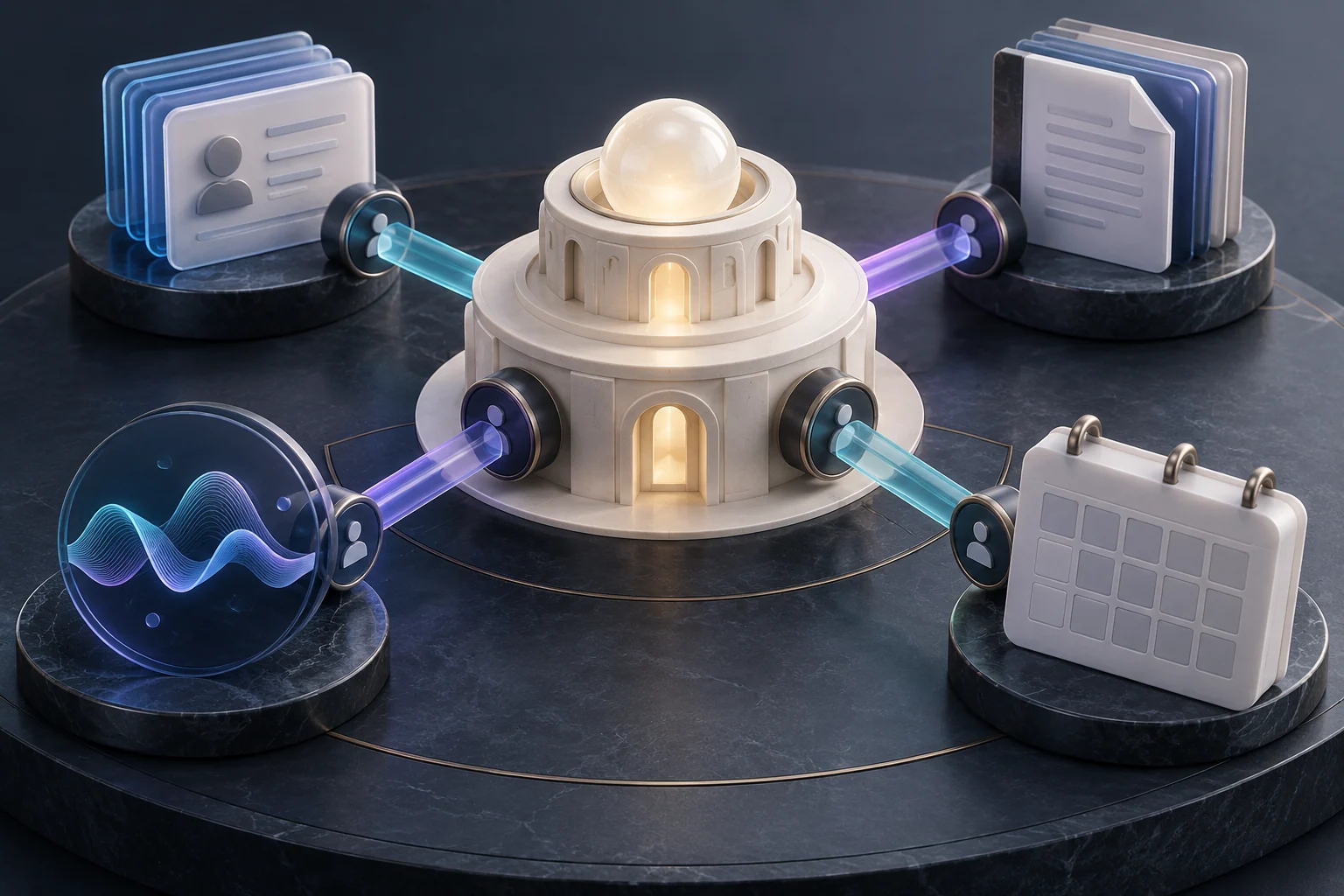 A central hub connects to customer cards, documents, an audio waveform and a calendar through separate ports.