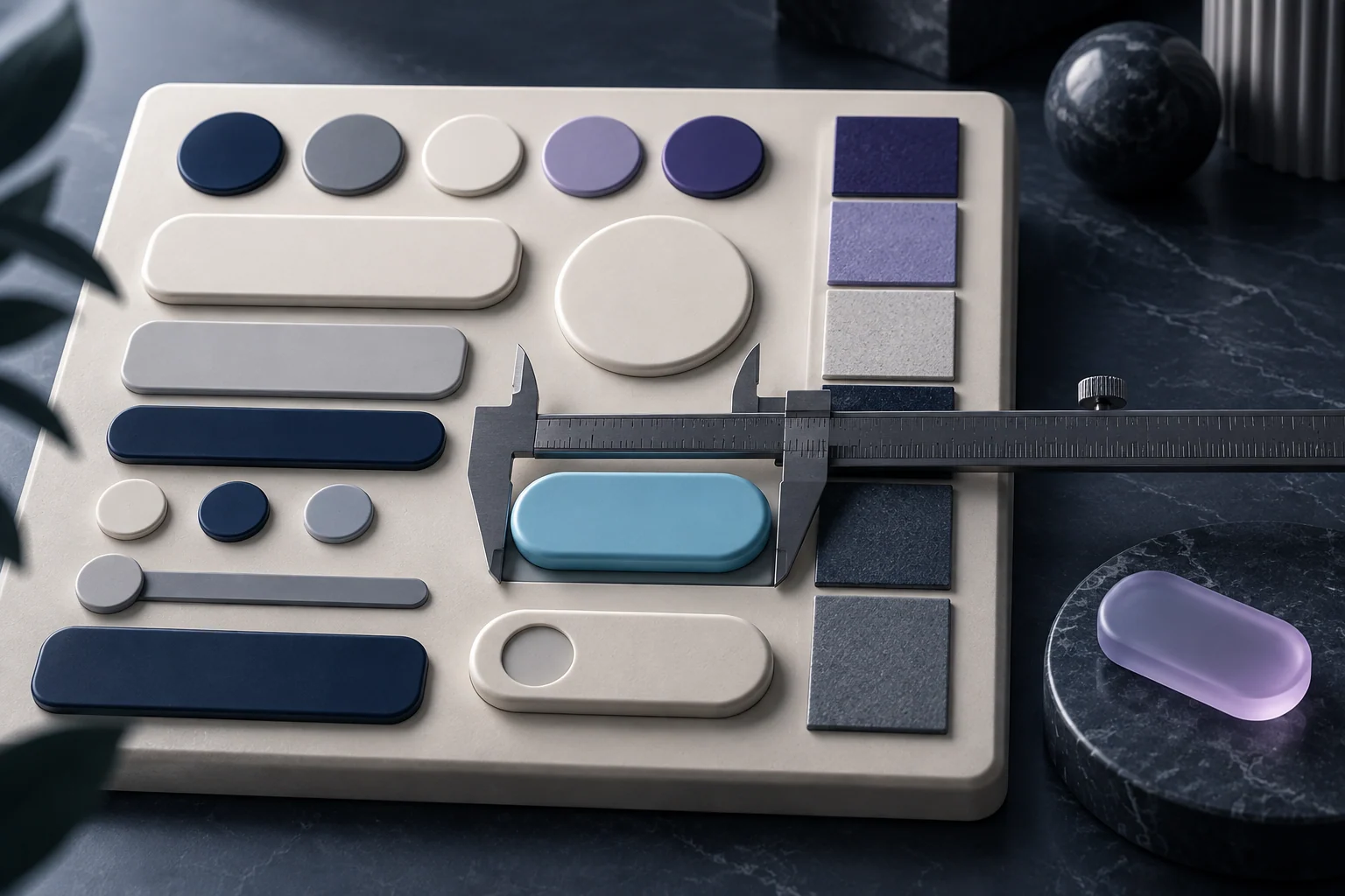 Component samples sit on a board while a measuring tool checks one of them.
