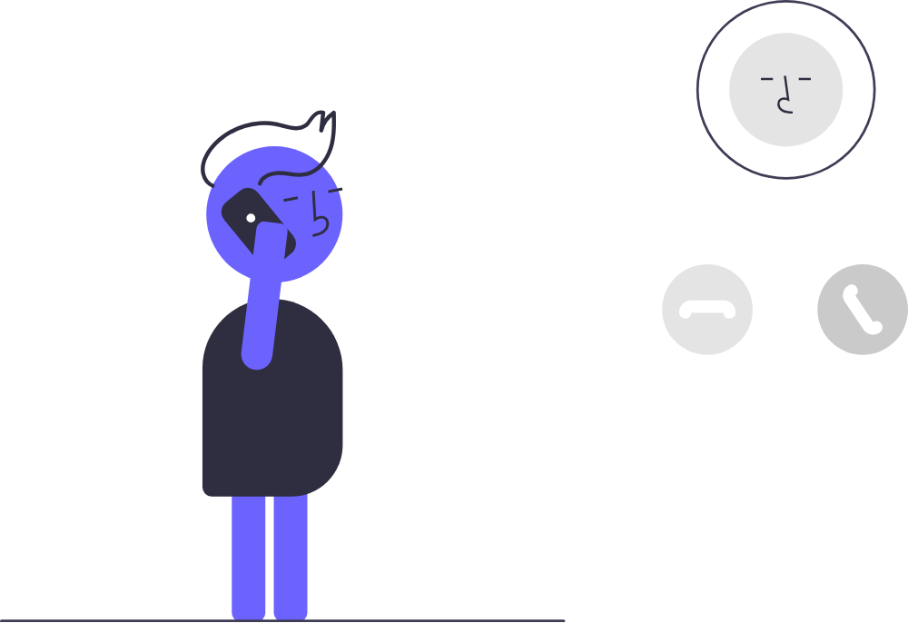 A person on the phone beside call icons.