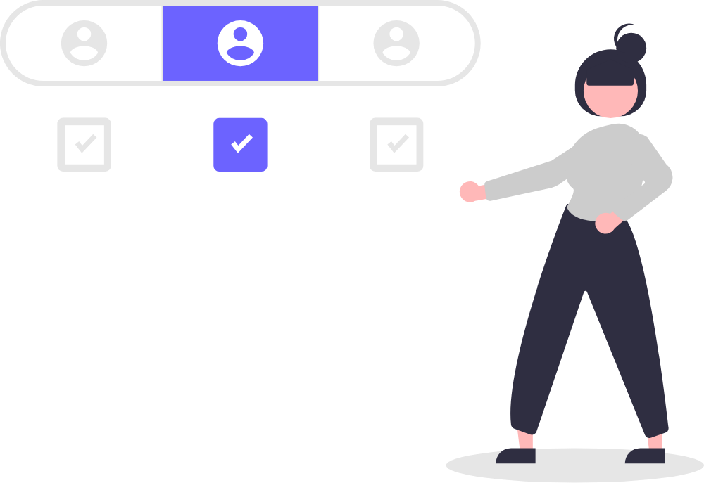 A person beside a selection panel and check marks.