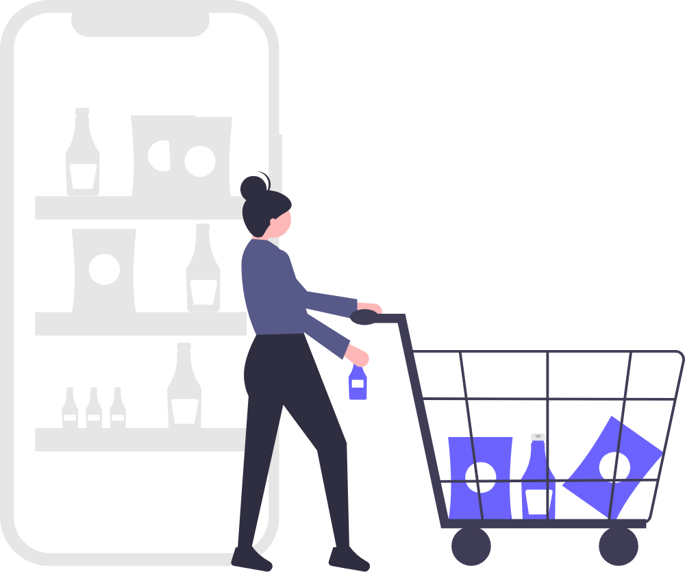 A person with a shopping cart beside a product catalogue on a phone.