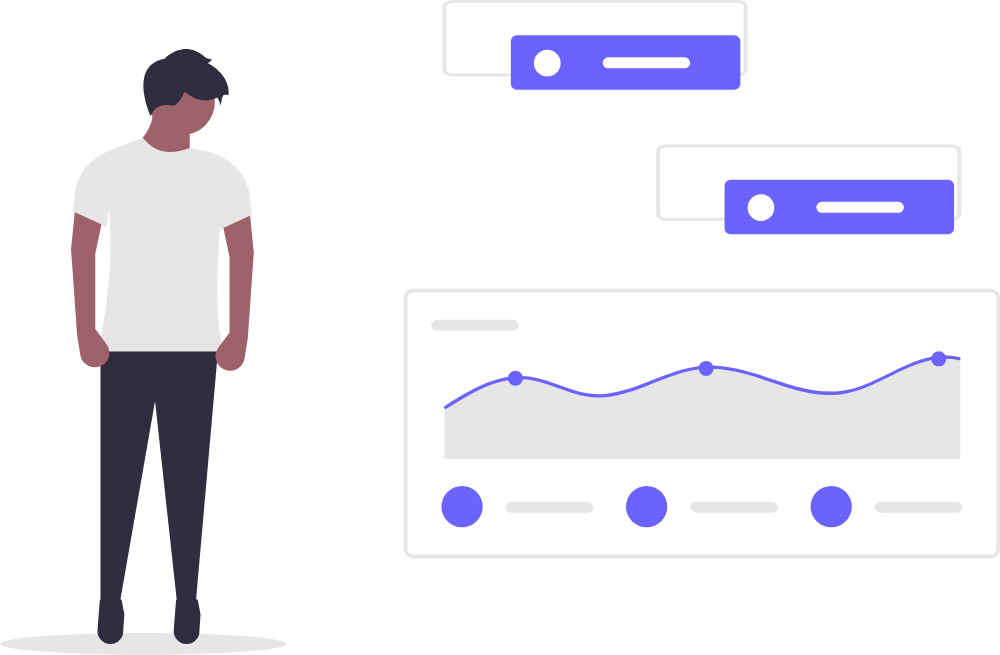 A person beside a chart and data cards.