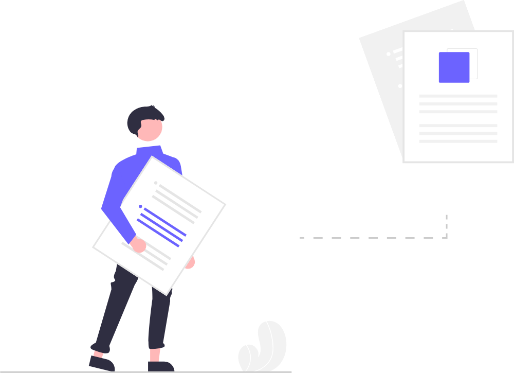 A person holding documents beside file illustrations.