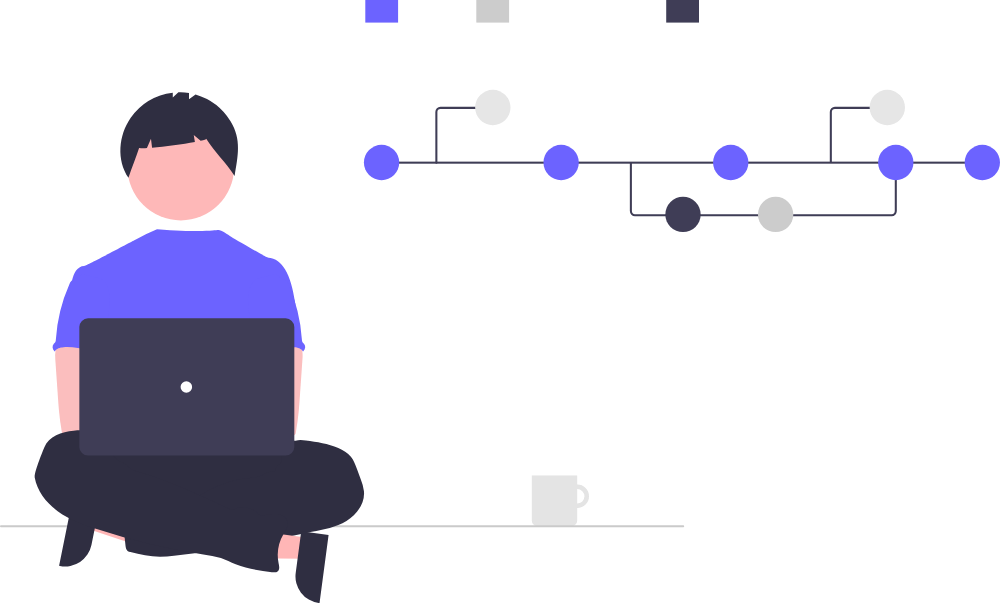 A person with a laptop beside a branching diagram.