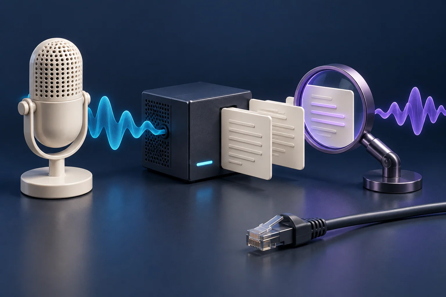 A microphone connects to a local processing box, with records examined through a lens and a network cable unplugged.