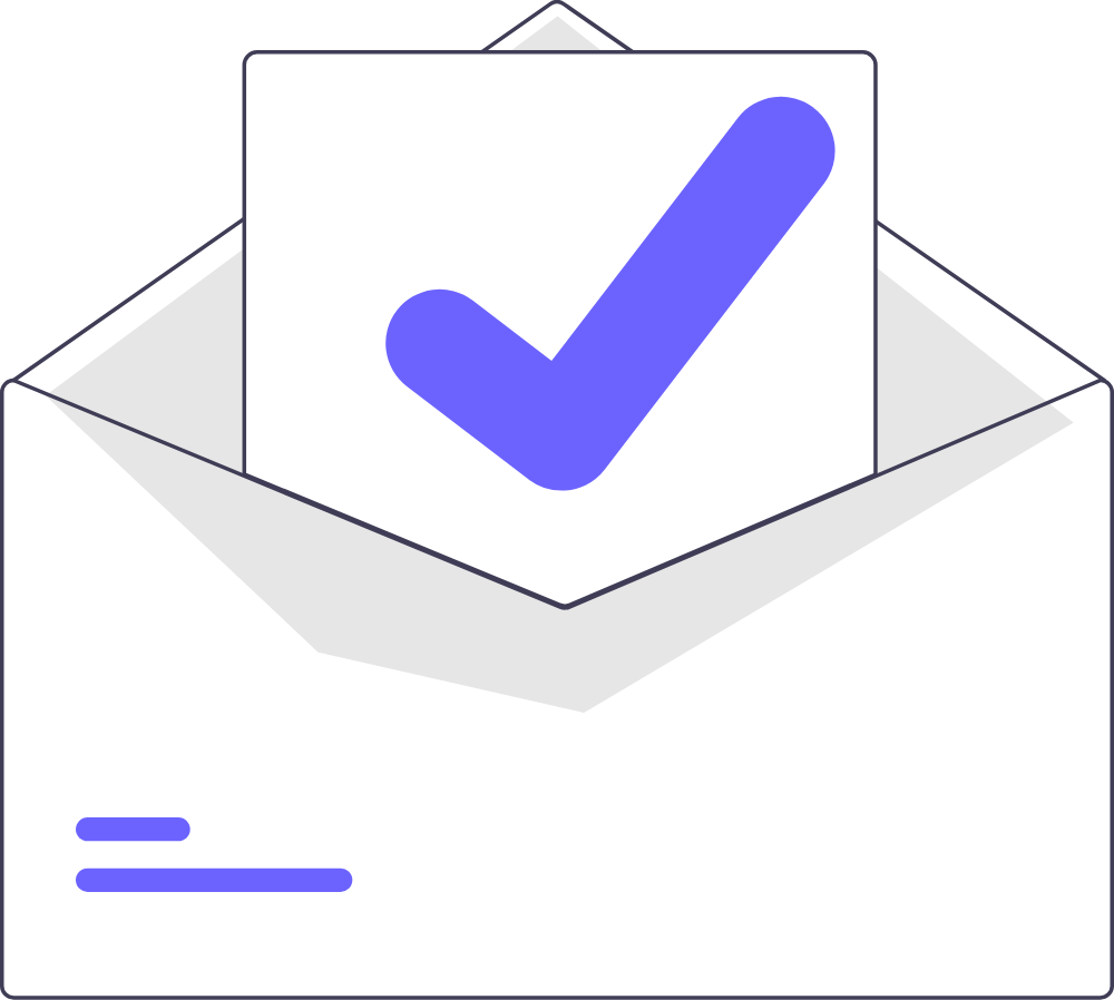 An open envelope with a sheet of paper and a large check mark.