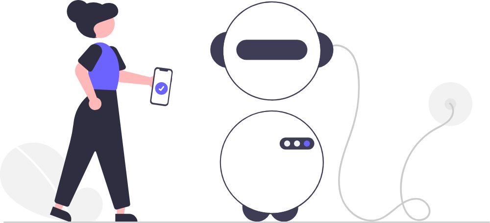 A person holding a phone beside a robot.