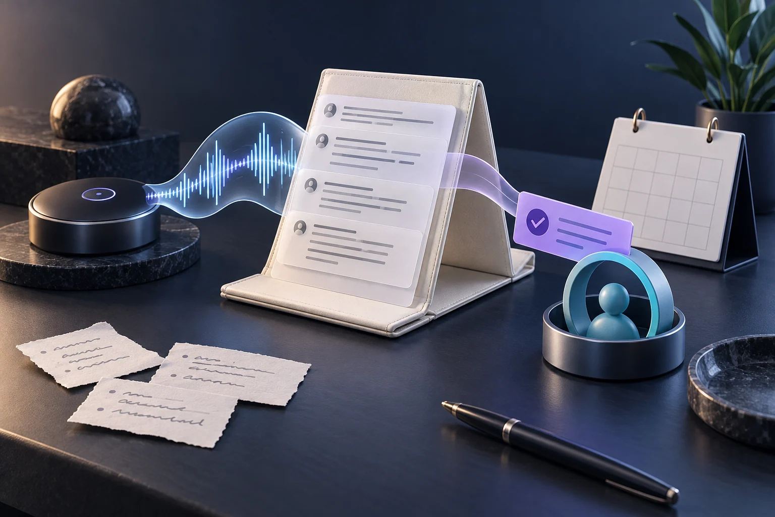 An audio waveform passes through meeting records toward a separate task beside an owner symbol and a calendar.