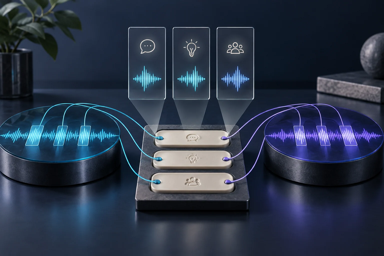 Two audio waveforms connect to three shared criteria through selected conversation segments.