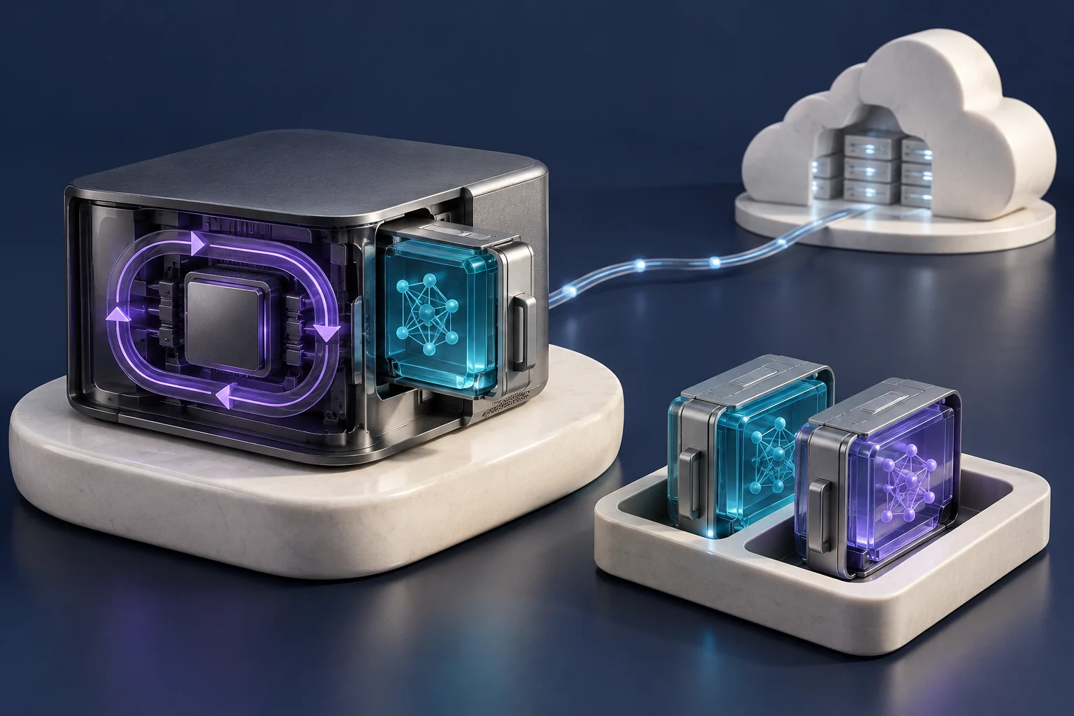 A device contains a replaceable model module and a local loop, with other modules beside it and a separate line leading to the cloud.